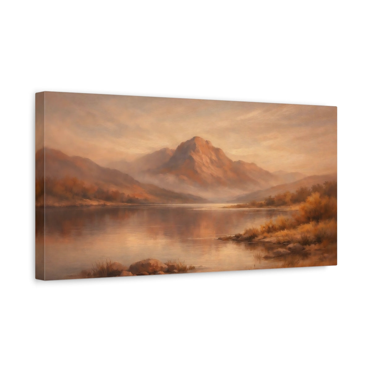 Side Mockup 3. Nature Mountain Lake Orange Brown Landscape shown as stretched canvas wall art
