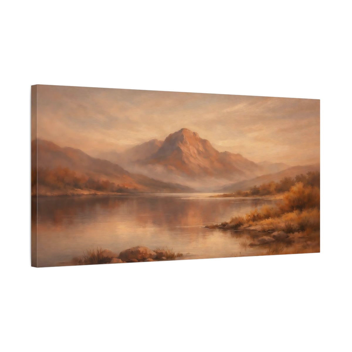 Side Mockup 2. Nature Mountain Lake Orange Brown Landscape shown as stretched canvas wall art