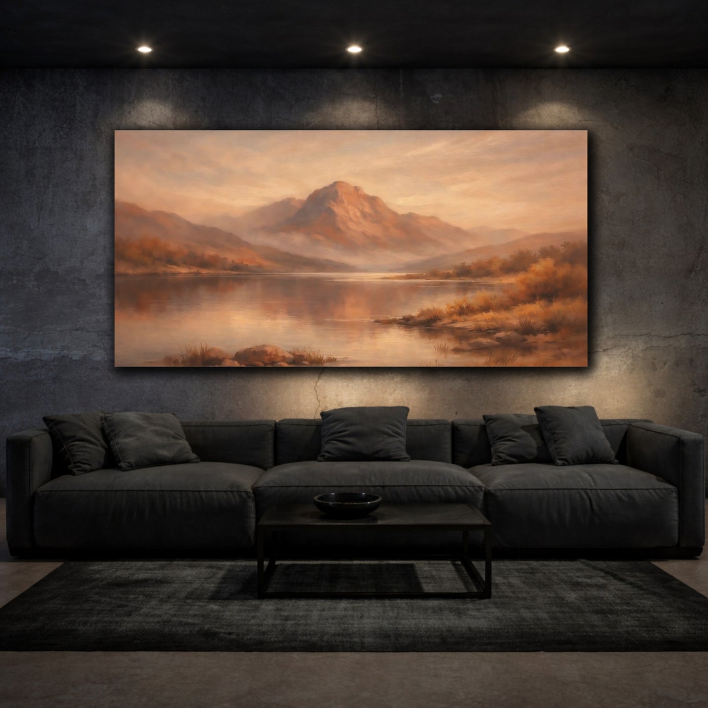Mockup 2. Nature Mountain Lake Orange Brown Landscape shown as stretched canvas wall art