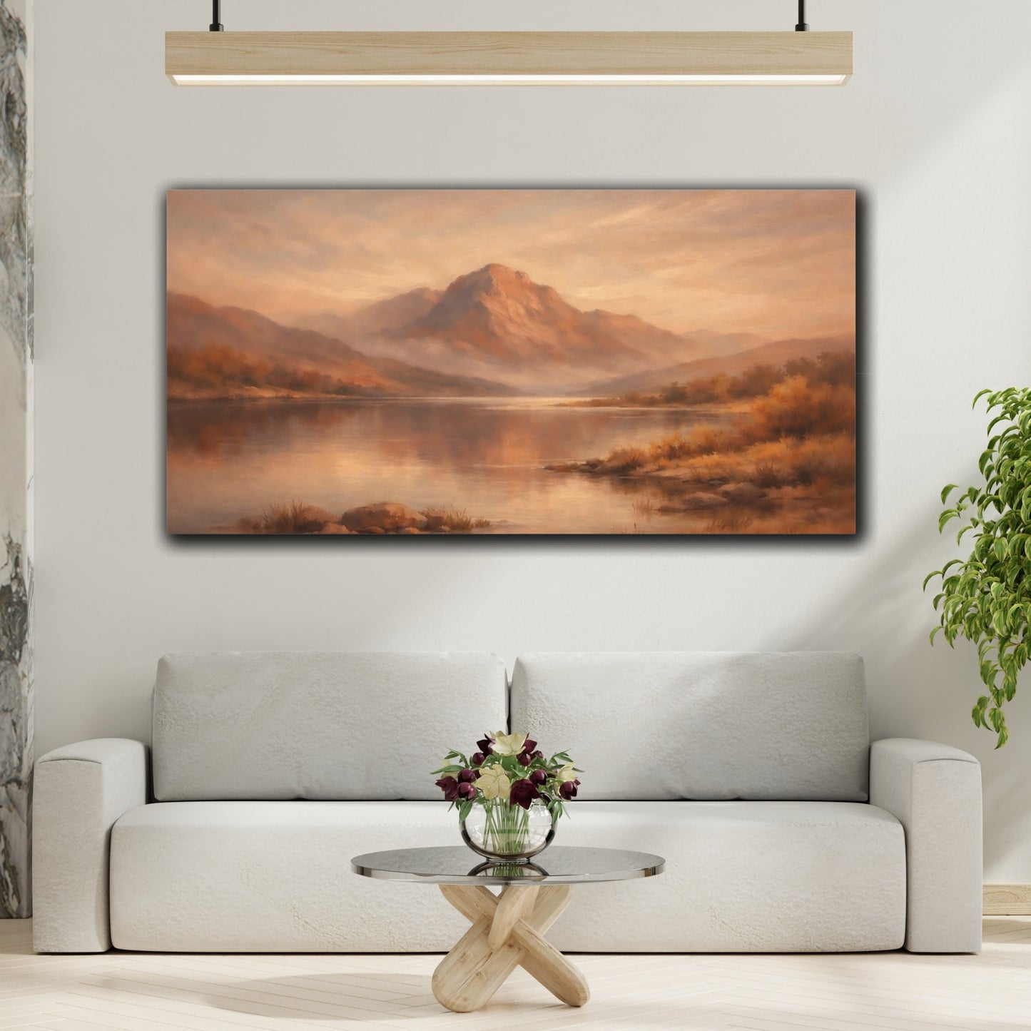 Mockup 3. Nature Mountain Lake Orange Brown Landscape shown as stretched canvas wall art