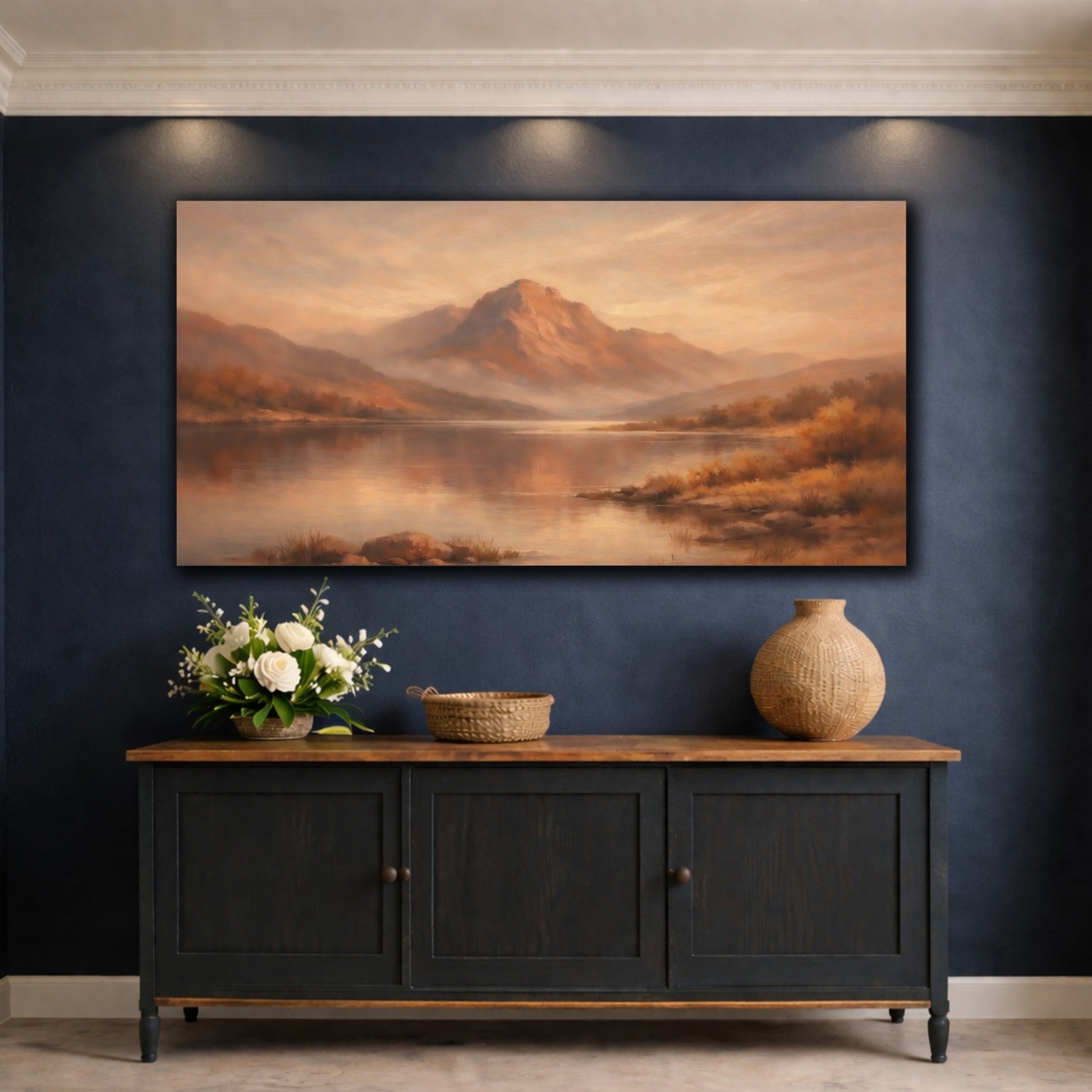 Mockup 4. Nature Mountain Lake Orange Brown Landscape shown as stretched canvas wall art