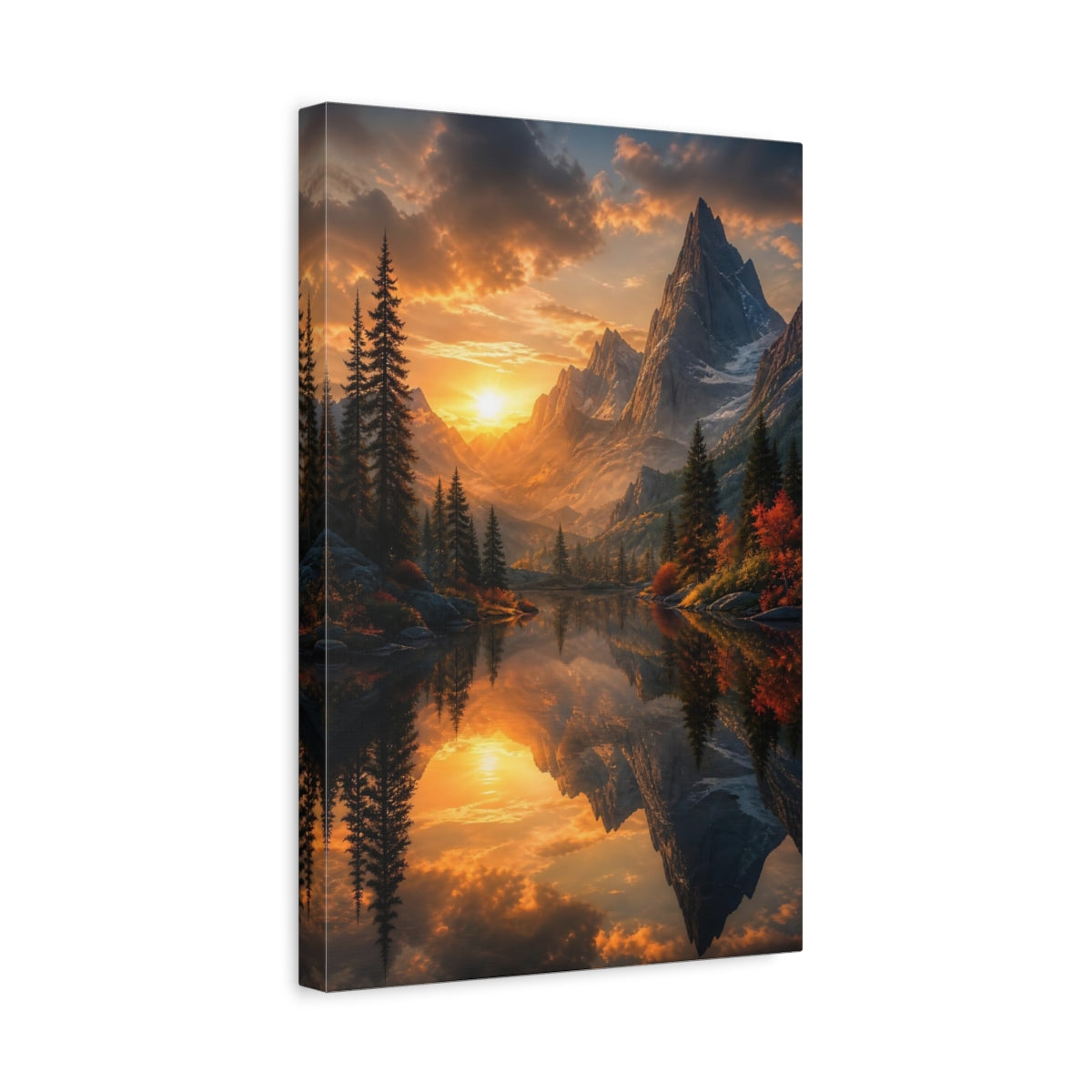 Side Mockup 4. Nature Mountain Lake Orange Mountain Lake shown as stretched canvas wall art