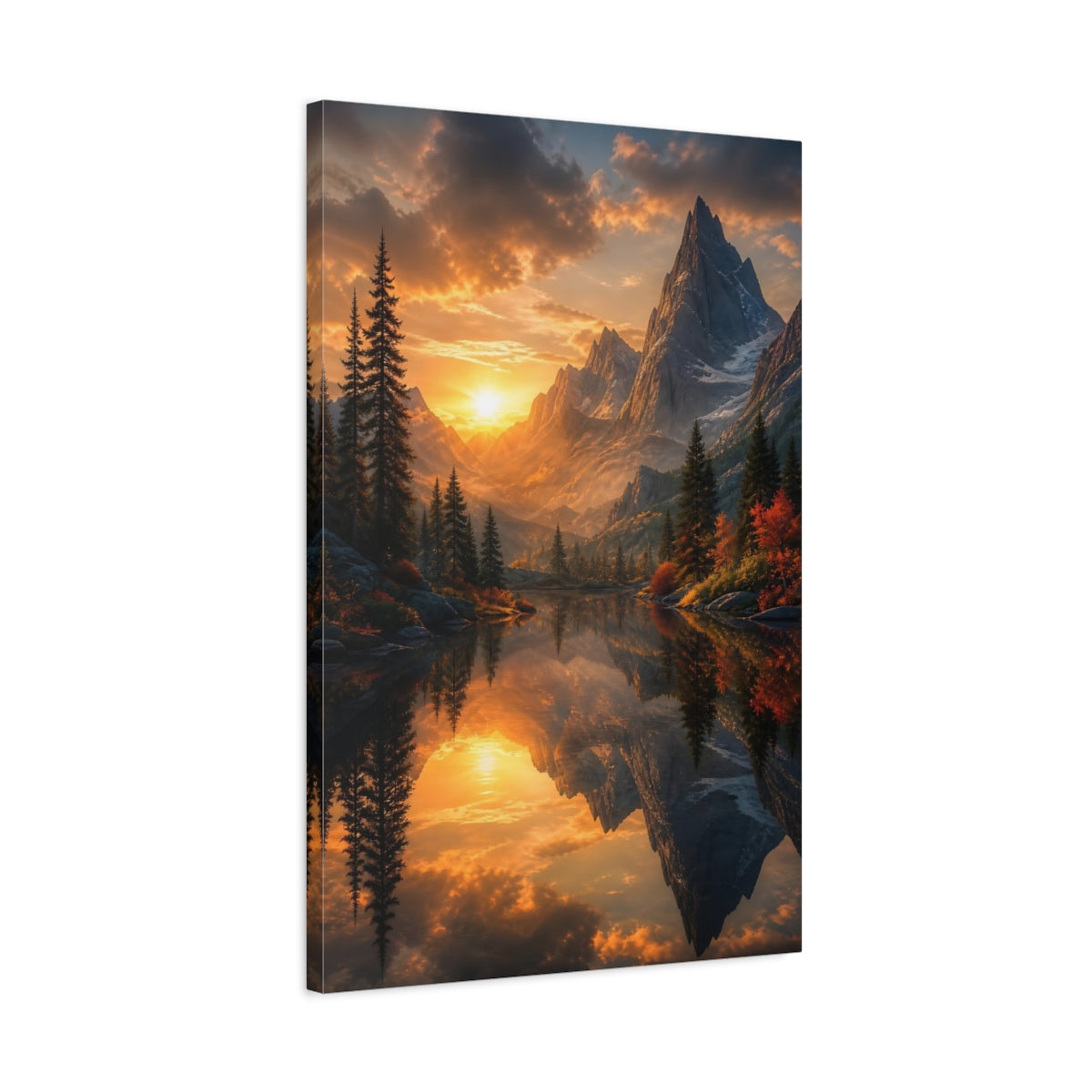 Side Mockup 2. Nature Mountain Lake Orange Mountain Lake shown as stretched canvas wall art