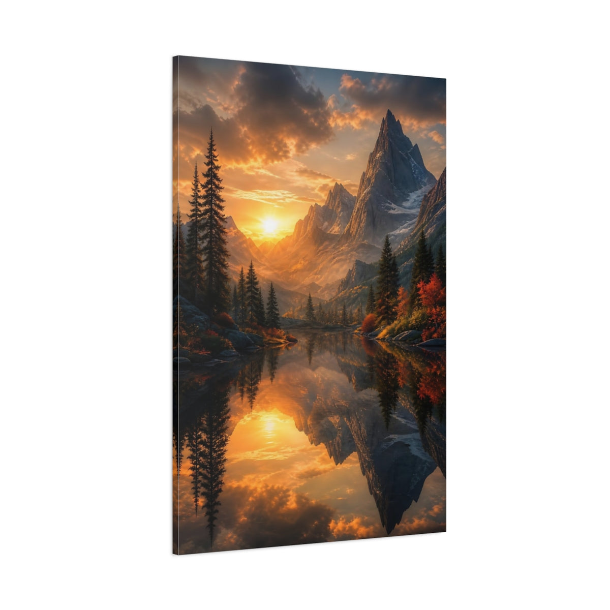 Side Mockup 1. Nature Mountain Lake Orange Mountain Lake shown as stretched canvas wall art
