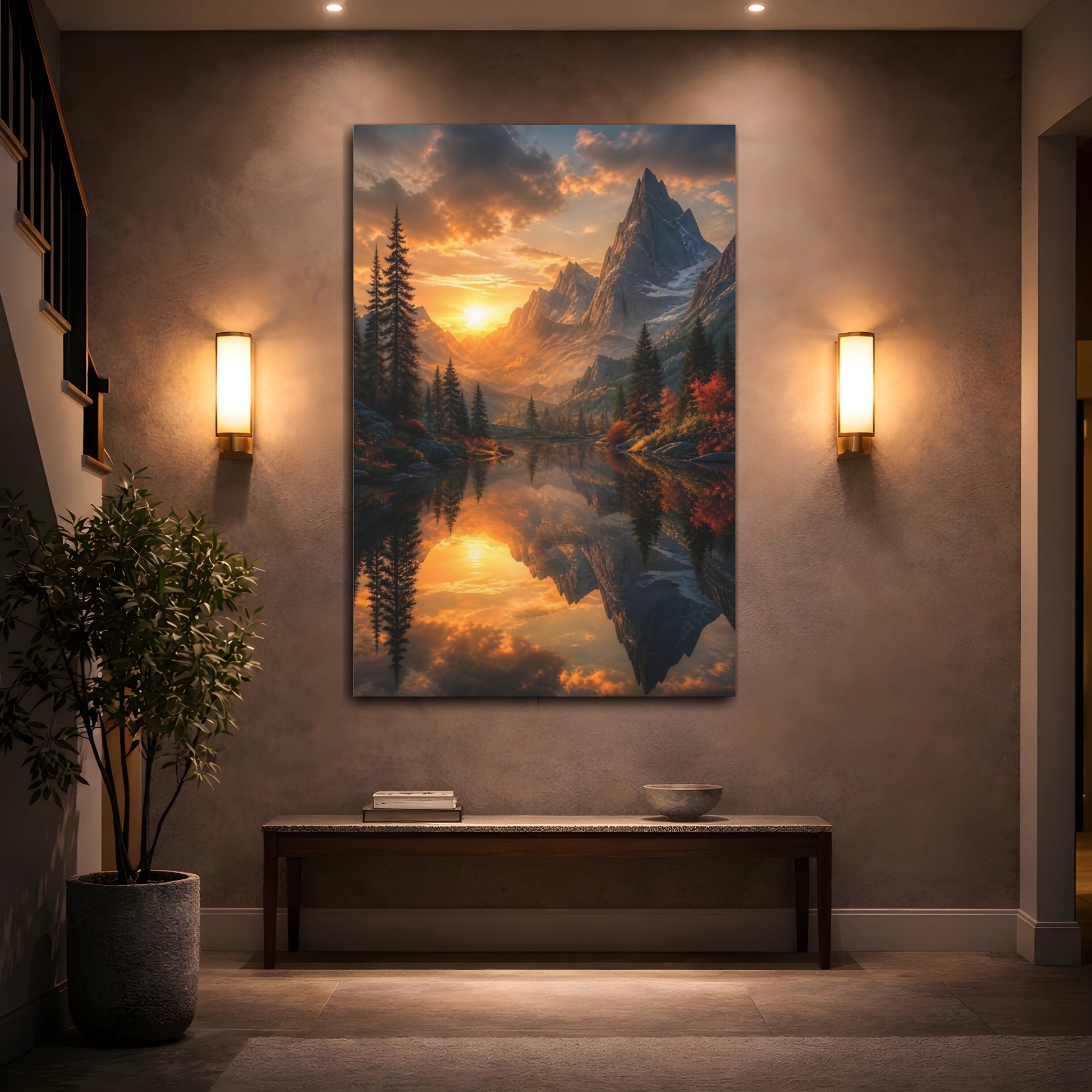 Mockup 2. Nature Mountain Lake Orange Mountain Lake shown as stretched canvas wall art