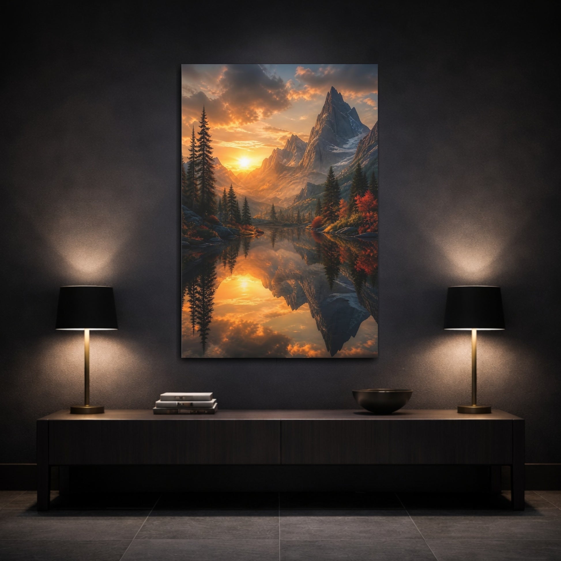 Mockup 3. Nature Mountain Lake Orange Mountain Lake shown as stretched canvas wall art