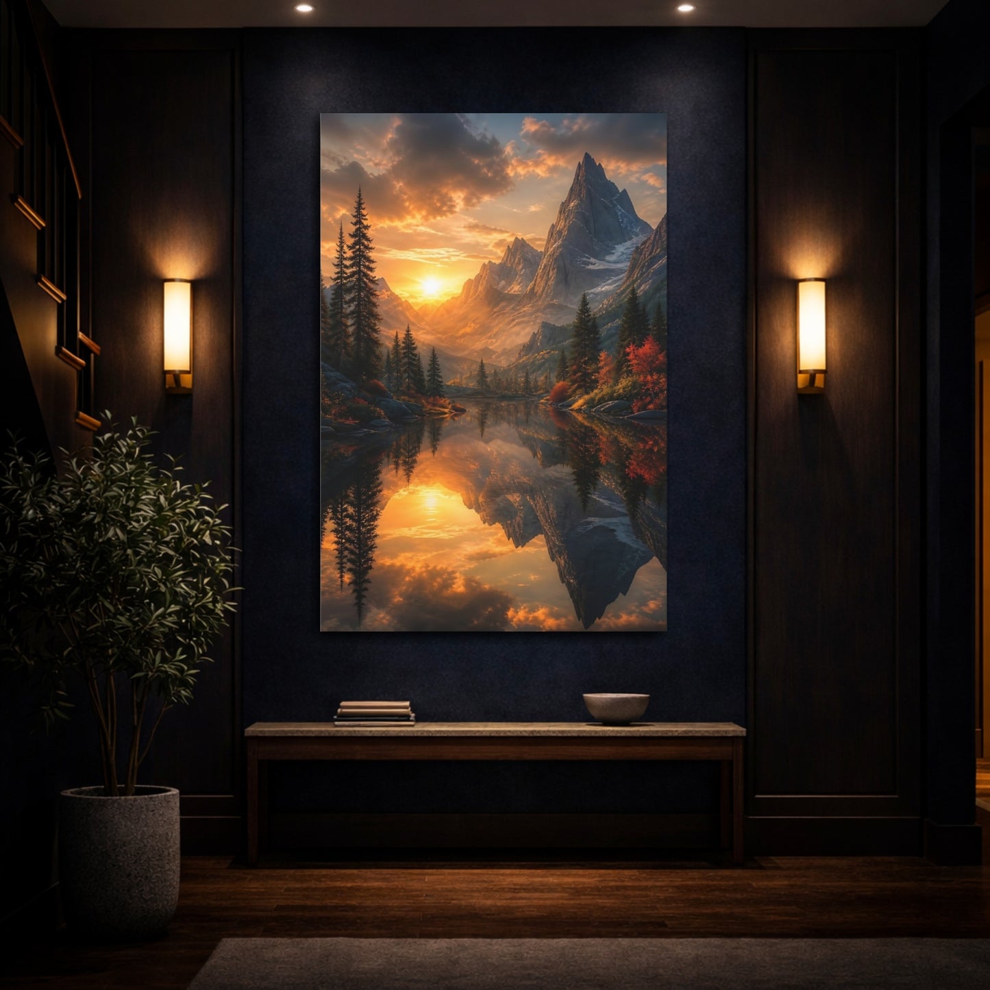 Mockup 4. Nature Mountain Lake Orange Mountain Lake shown as stretched canvas wall art