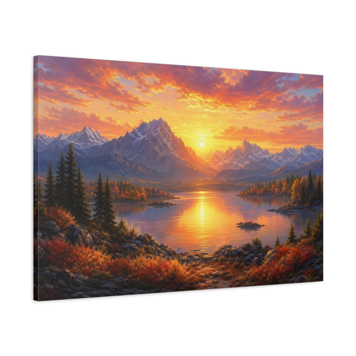 Main Mockup. Nature Mountain Lake Orange Sunset shown as stretched canvas wall art