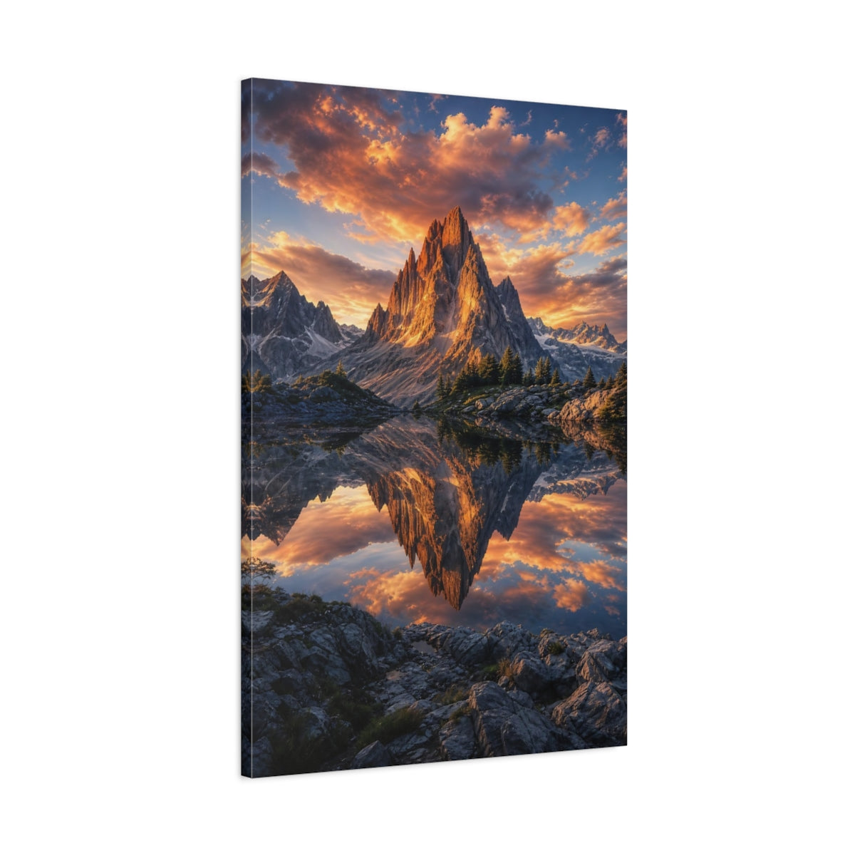 Main Mockup. Nature Mountain Lake Orange Sunset shown as stretched canvas wall art