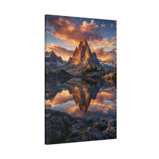 Main Mockup. Nature Mountain Lake Orange Sunset shown as stretched canvas wall art