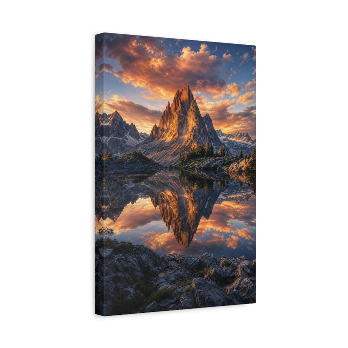 Side Mockup 4. Nature Mountain Lake Orange Sunset shown as stretched canvas wall art