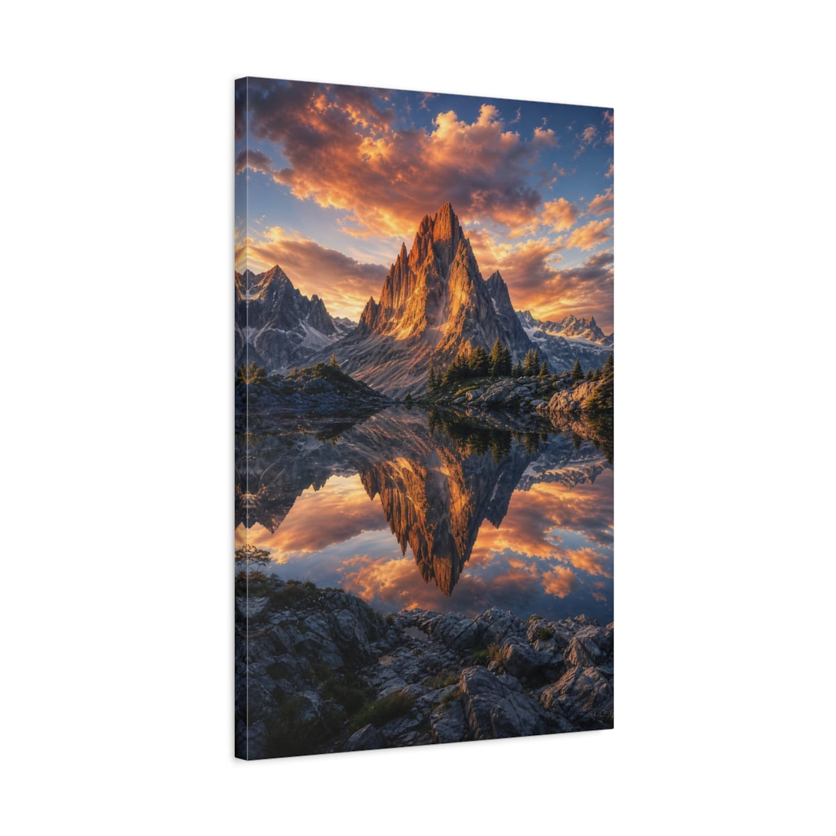 Side Mockup 2. Nature Mountain Lake Orange Sunset shown as stretched canvas wall art