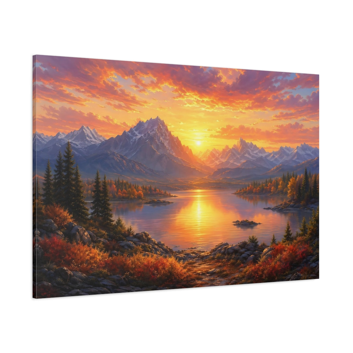 Side Mockup 1. Nature Mountain Lake Orange Sunset shown as stretched canvas wall art