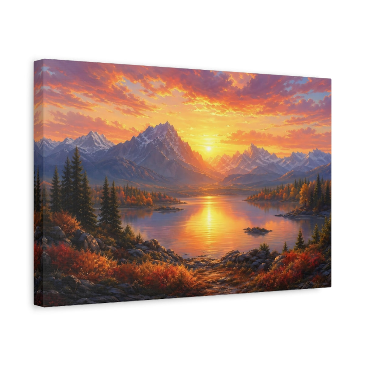 Side Mockup 4. Nature Mountain Lake Orange Sunset shown as stretched canvas wall art