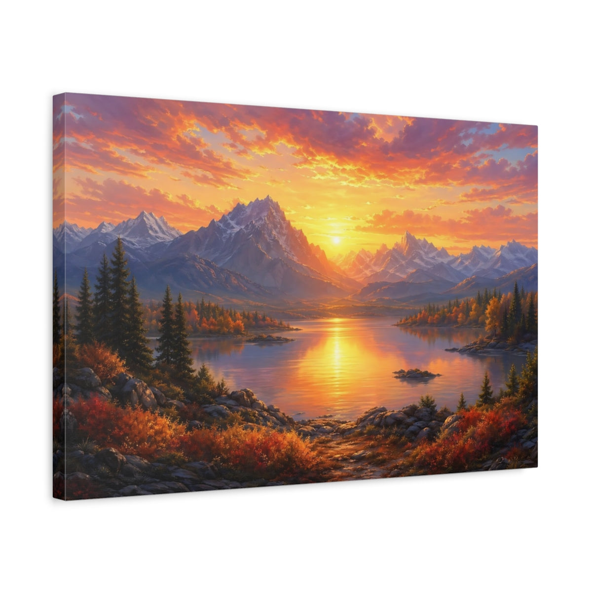 Side Mockup 3. Nature Mountain Lake Orange Sunset shown as stretched canvas wall art