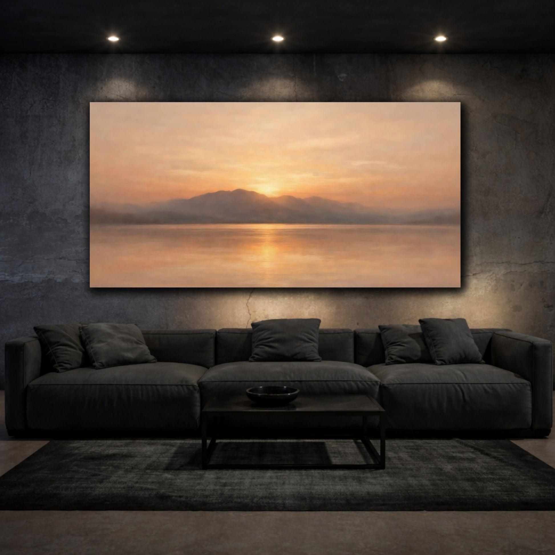 Mockup 2. Nature Mountain Lake Orange Sunset Landscape shown as stretched canvas wall art