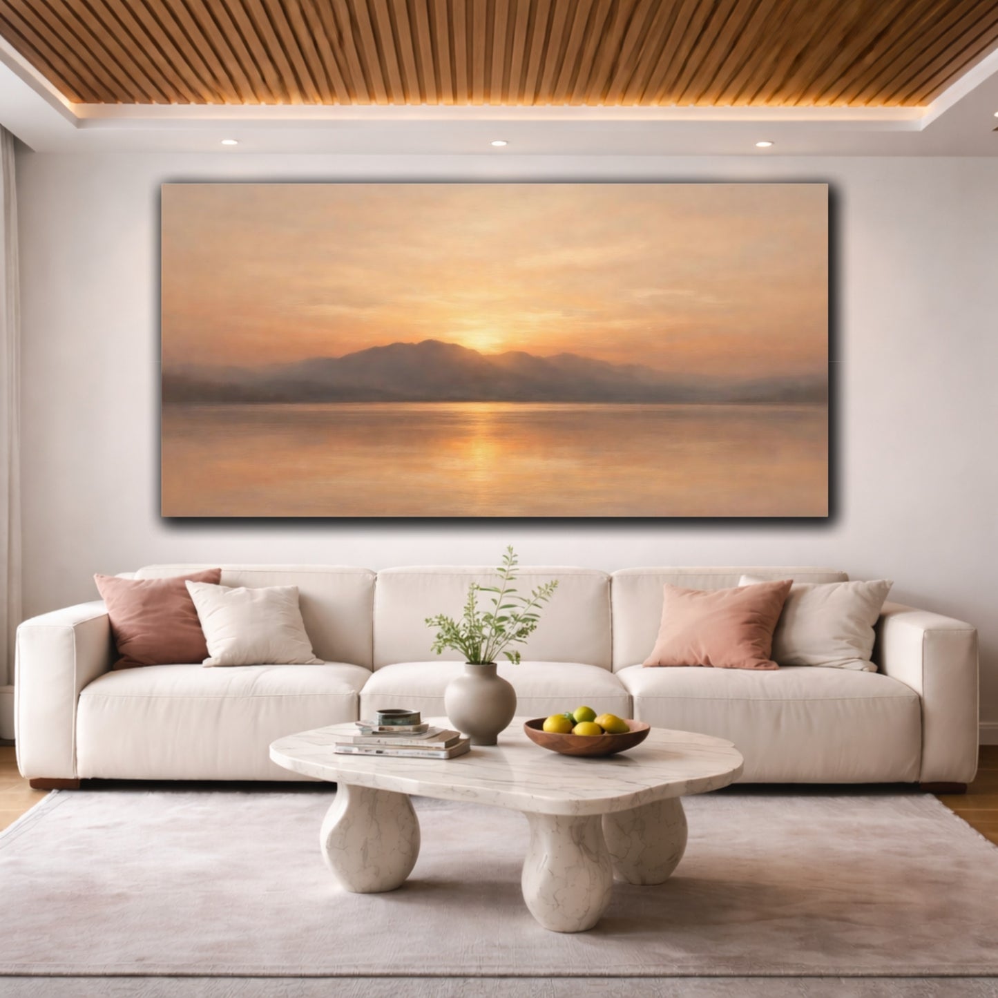 Mockup 3. Nature Mountain Lake Orange Sunset Landscape shown as stretched canvas wall art