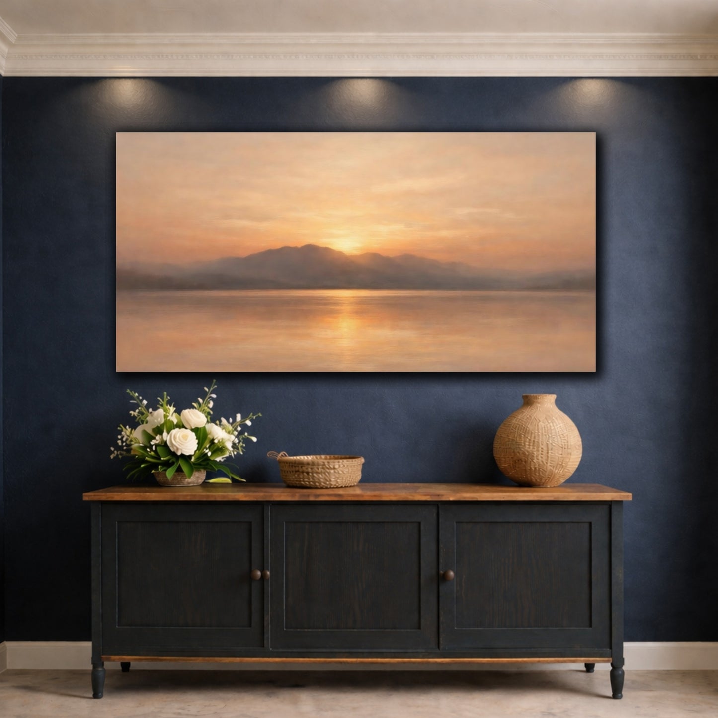 Mockup 4. Nature Mountain Lake Orange Sunset Landscape shown as stretched canvas wall art