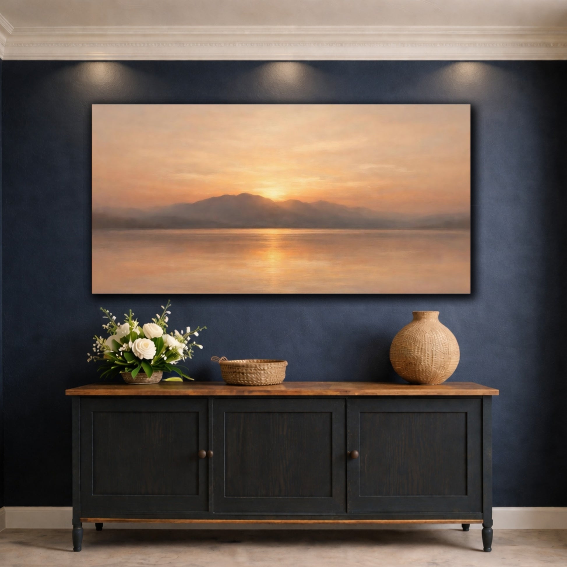 Mockup 4. Nature Mountain Lake Orange Sunset Landscape shown as stretched canvas wall art