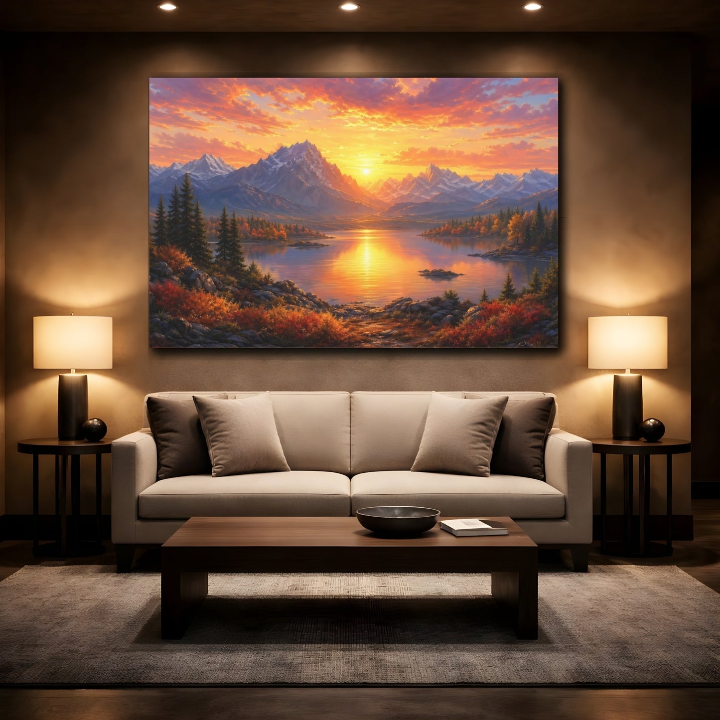 Mockup 2. Nature Mountain Lake Orange Sunset shown as stretched canvas wall art