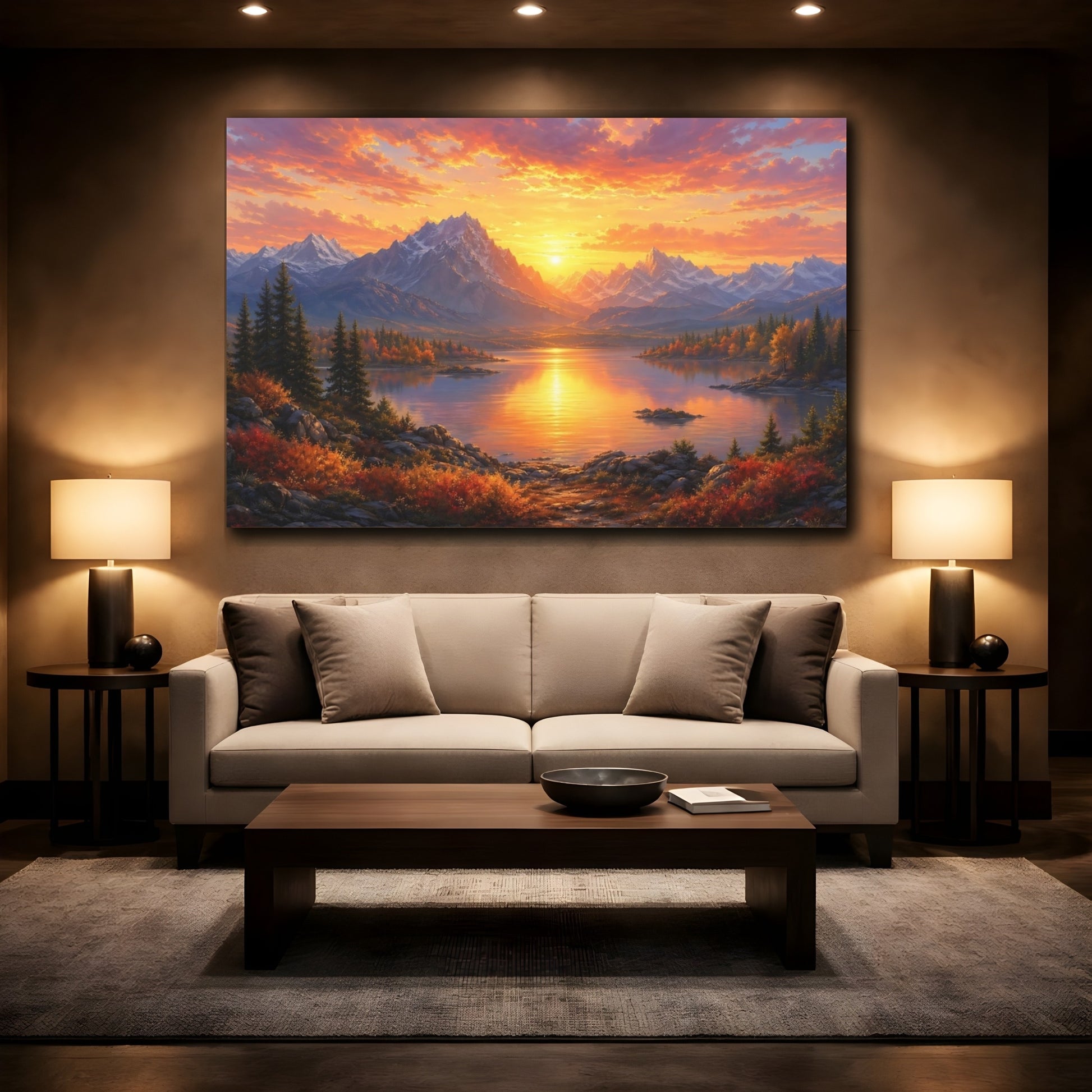 Mockup 2. Nature Mountain Lake Orange Sunset shown as stretched canvas wall art