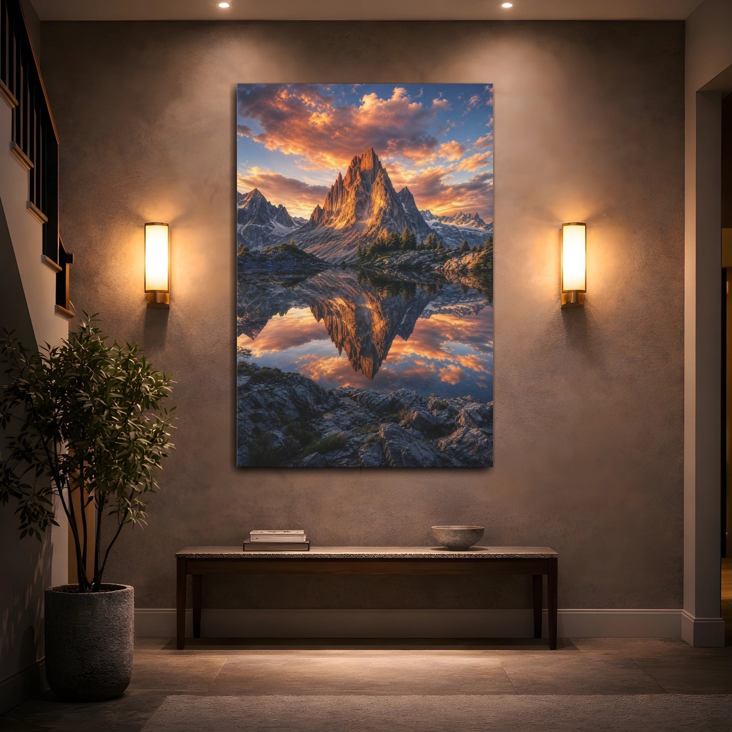 Mockup 2. Nature Mountain Lake Orange Sunset shown as stretched canvas wall art