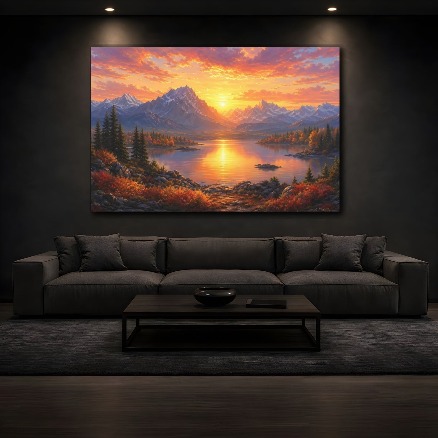 Mockup 3. Nature Mountain Lake Orange Sunset shown as stretched canvas wall art