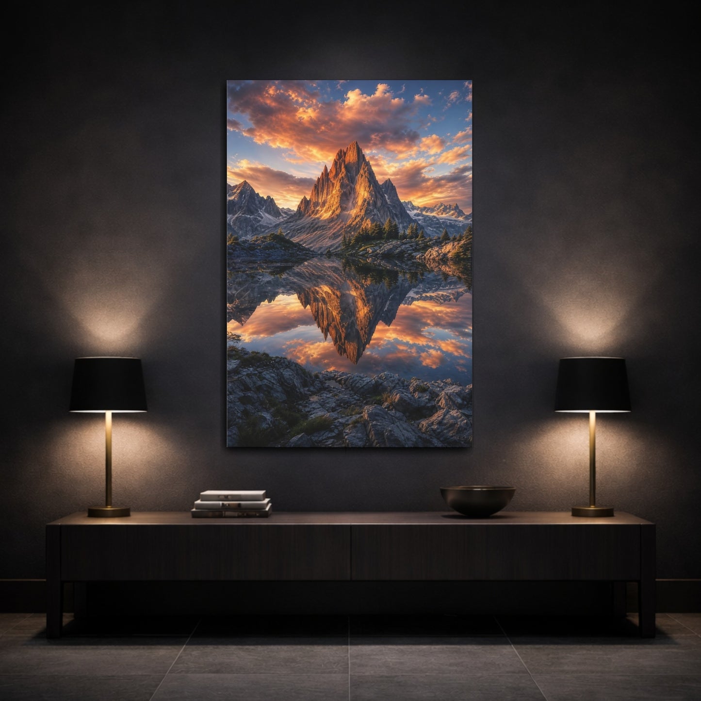Mockup 3. Nature Mountain Lake Orange Sunset shown as stretched canvas wall art