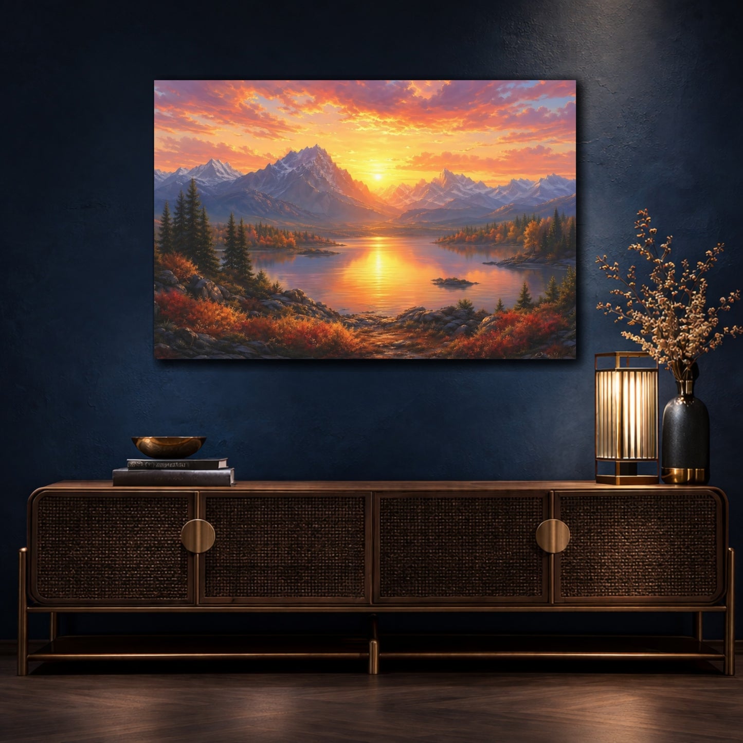 Mockup 4. Nature Mountain Lake Orange Sunset shown as stretched canvas wall art
