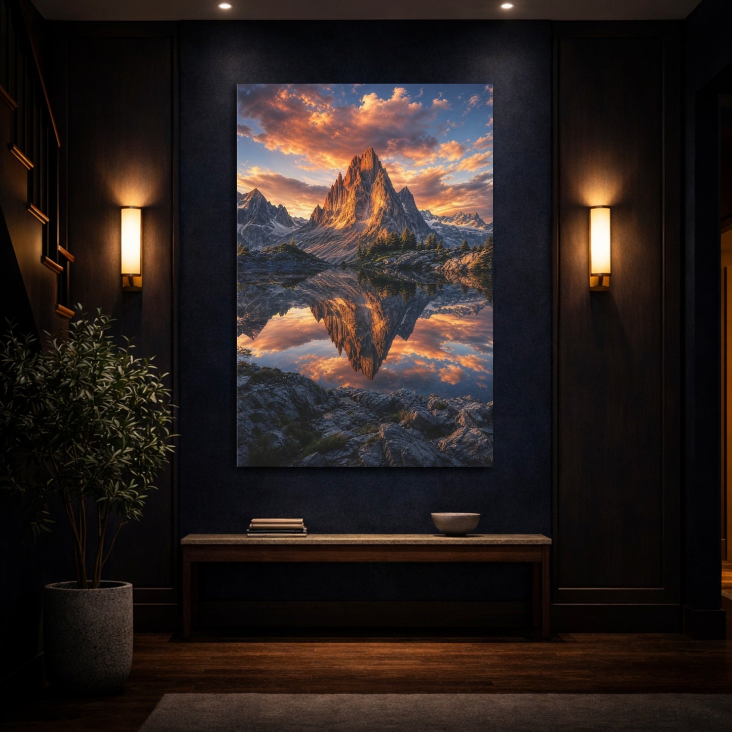 Mockup 4. Nature Mountain Lake Orange Sunset shown as stretched canvas wall art