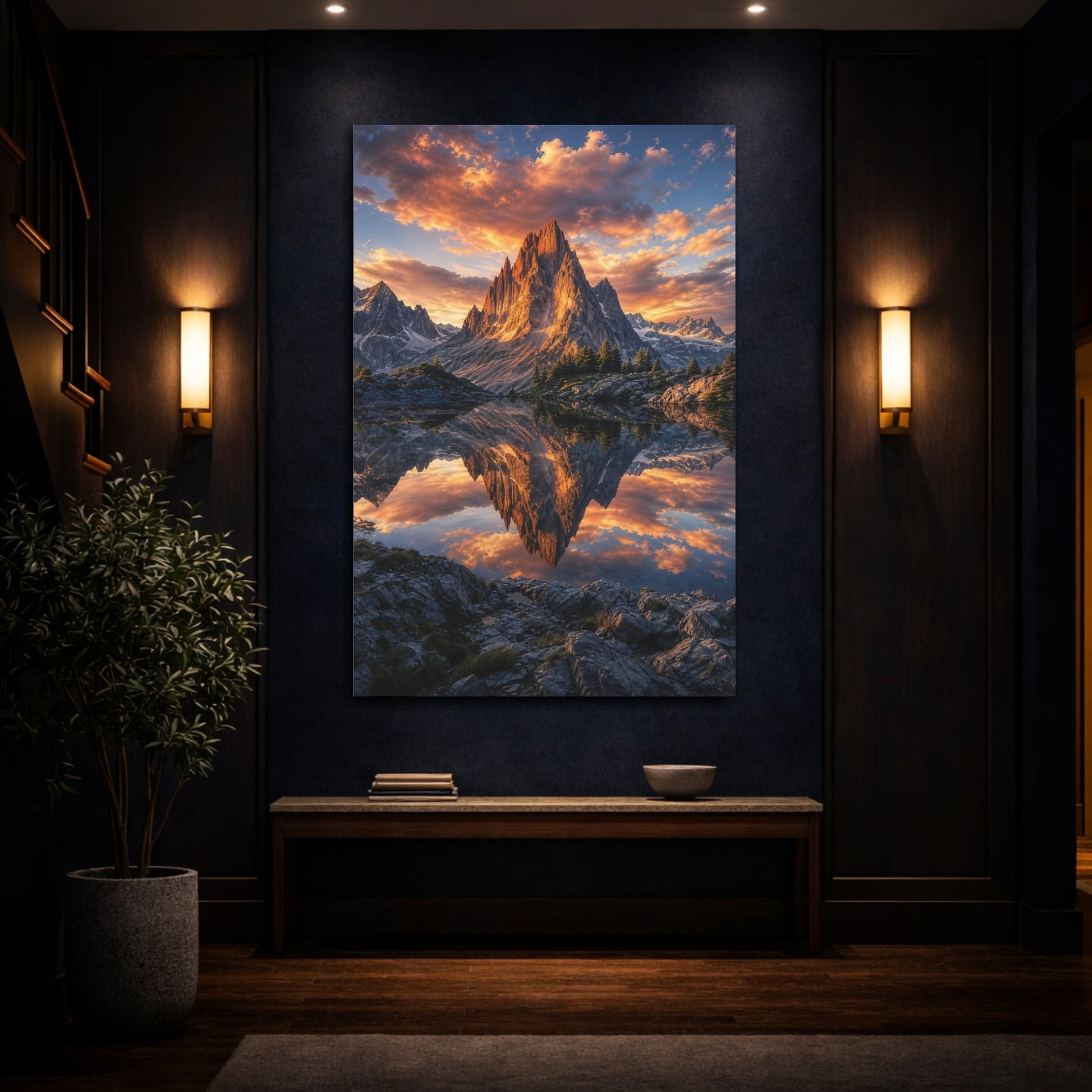 Mockup 4. Nature Mountain Lake Orange Sunset shown as stretched canvas wall art
