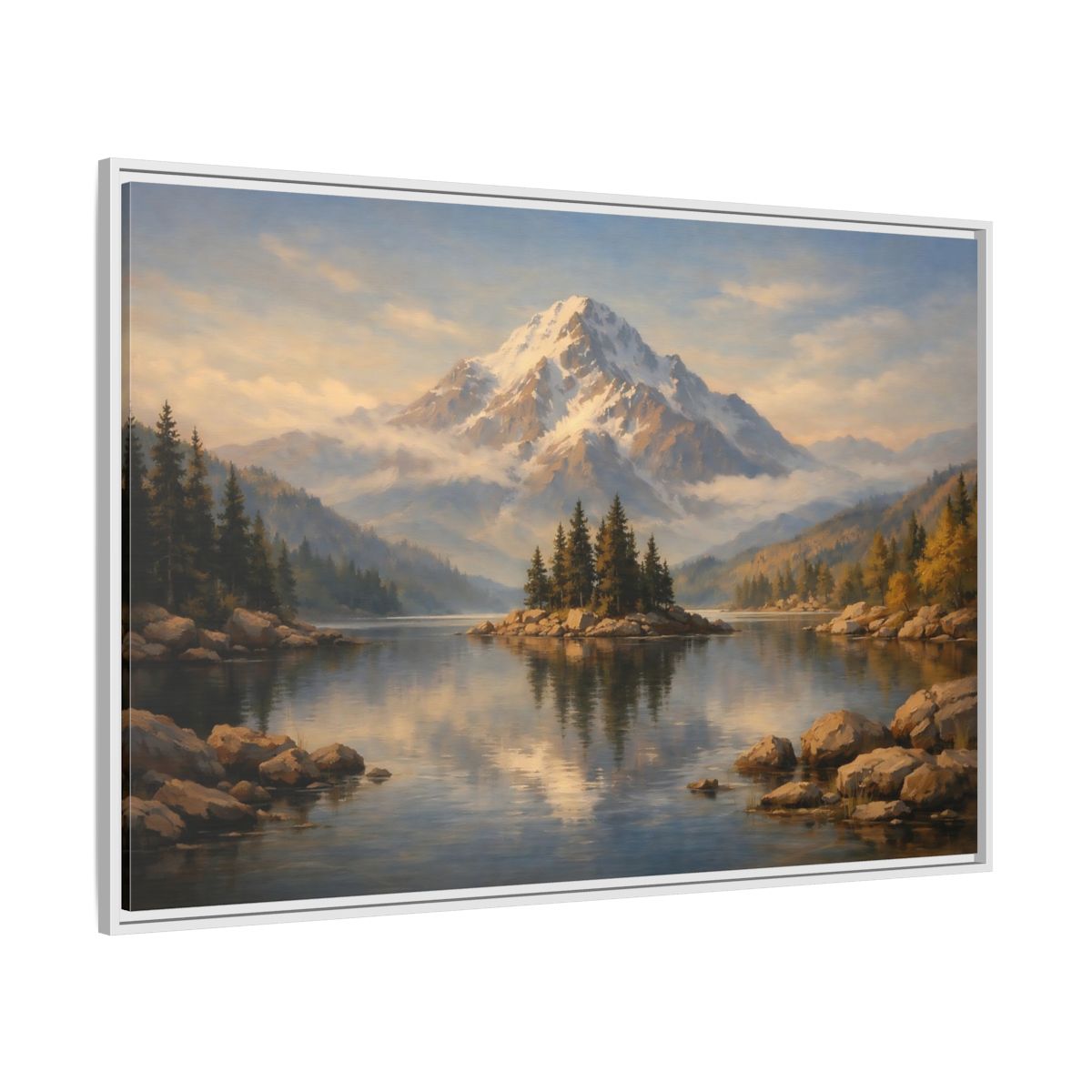 Side Mockup 7. Nature Mountain Lake Mountain Lake Painting shown as stretched canvas wall art