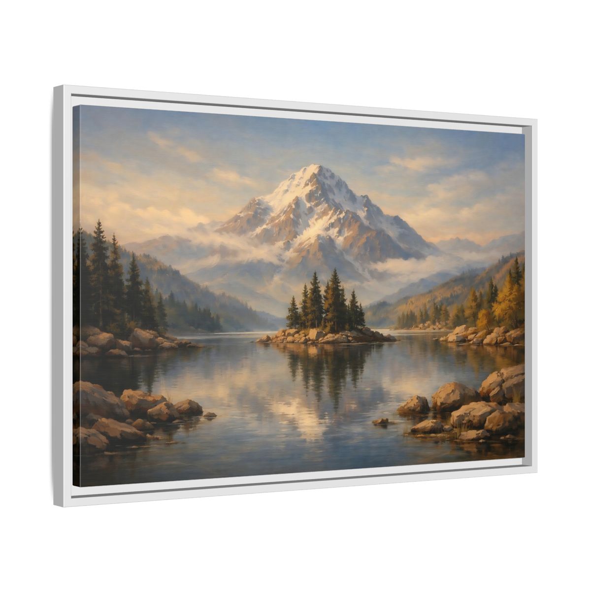 Side Mockup 10. Nature Mountain Lake Mountain Lake Painting shown as stretched canvas wall art