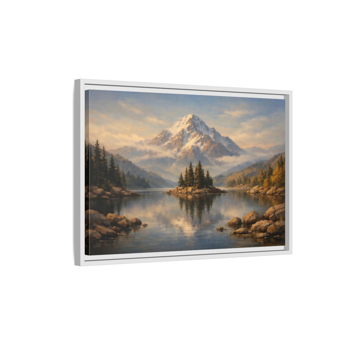 Side Mockup 1. Nature Mountain Lake Mountain Lake Painting shown as stretched canvas wall art