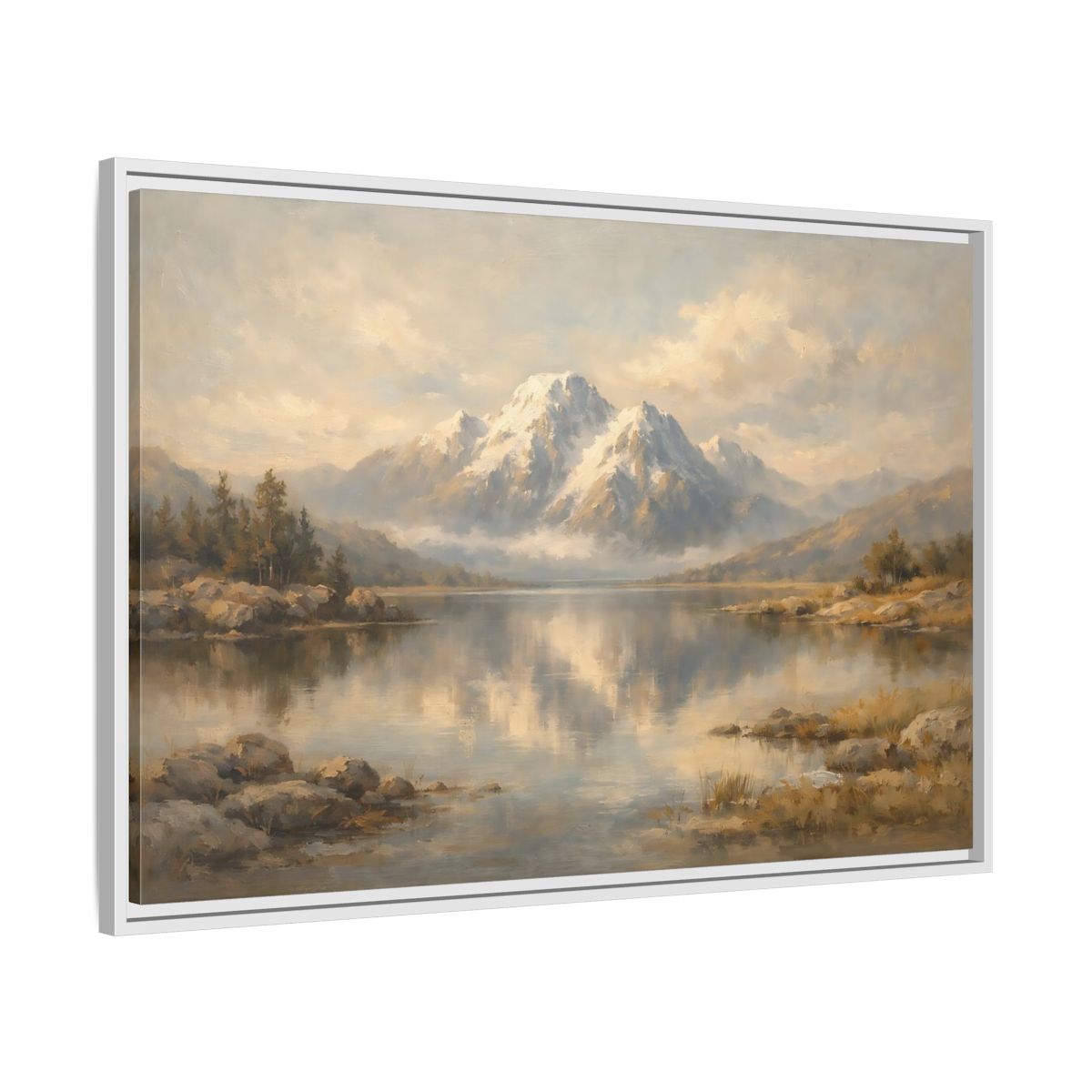 Side Mockup 8. Nature Mountain Lake Mountain Lake Painting shown as stretched canvas wall art