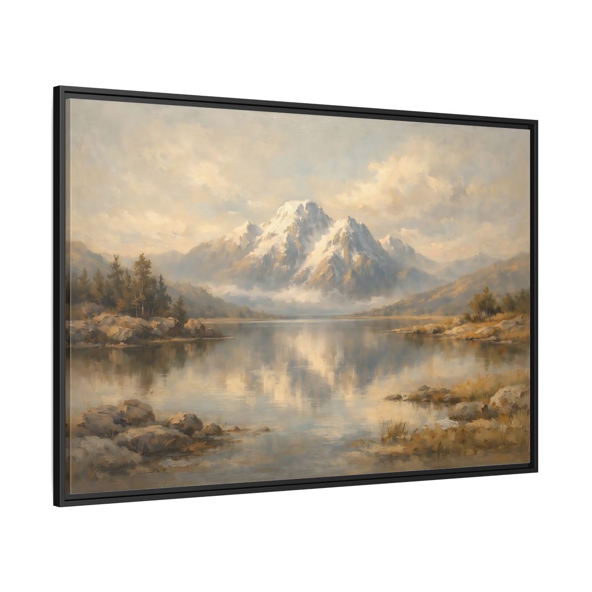Side Mockup 12. Nature Mountain Lake Mountain Lake Painting shown as stretched canvas wall art