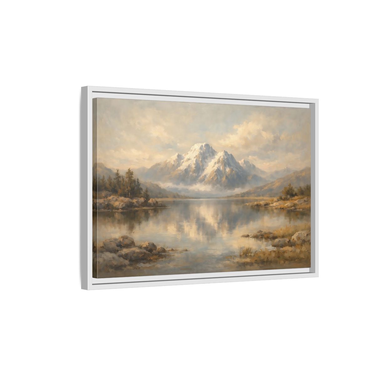 Side Mockup 1. Nature Mountain Lake Mountain Lake Painting shown as stretched canvas wall art