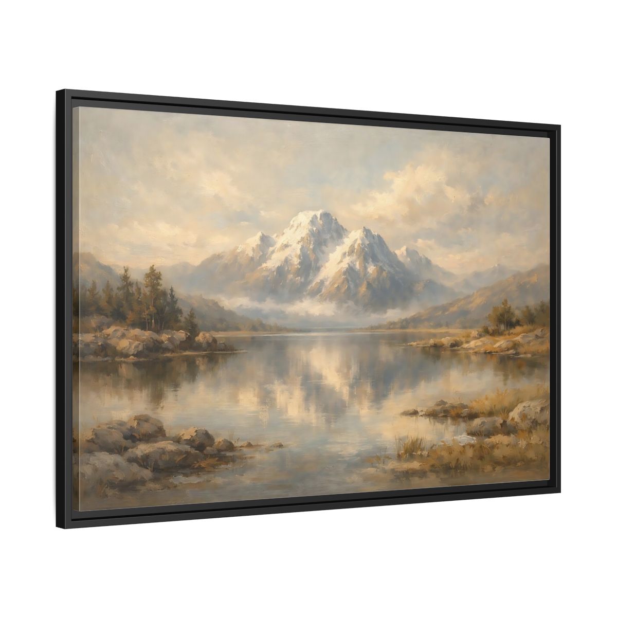 Side Mockup 13. Nature Mountain Lake Mountain Lake Painting shown as stretched canvas wall art