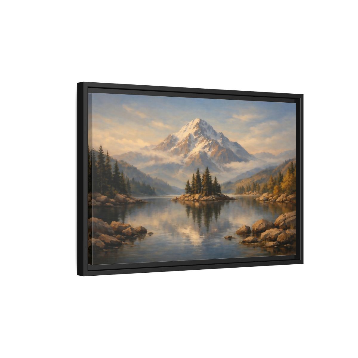 Side Mockup 3. Nature Mountain Lake Mountain Lake Painting shown as stretched canvas wall art