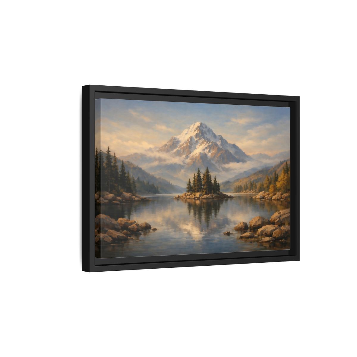 Side Mockup 6. Nature Mountain Lake Mountain Lake Painting shown as stretched canvas wall art