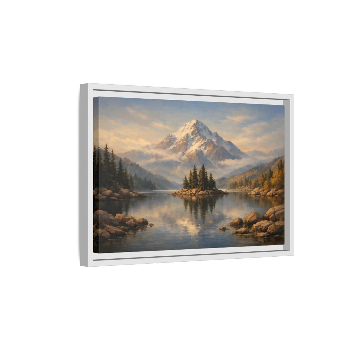 Side Mockup 4. Nature Mountain Lake Mountain Lake Painting shown as stretched canvas wall art