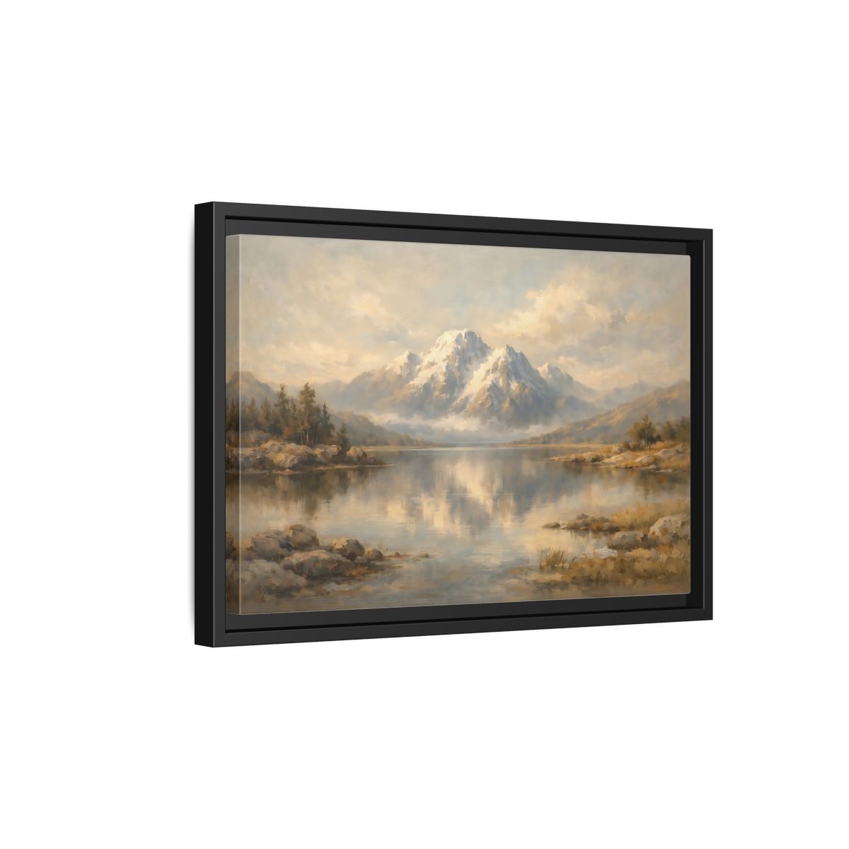Side Mockup 6. Nature Mountain Lake Mountain Lake Painting shown as stretched canvas wall art