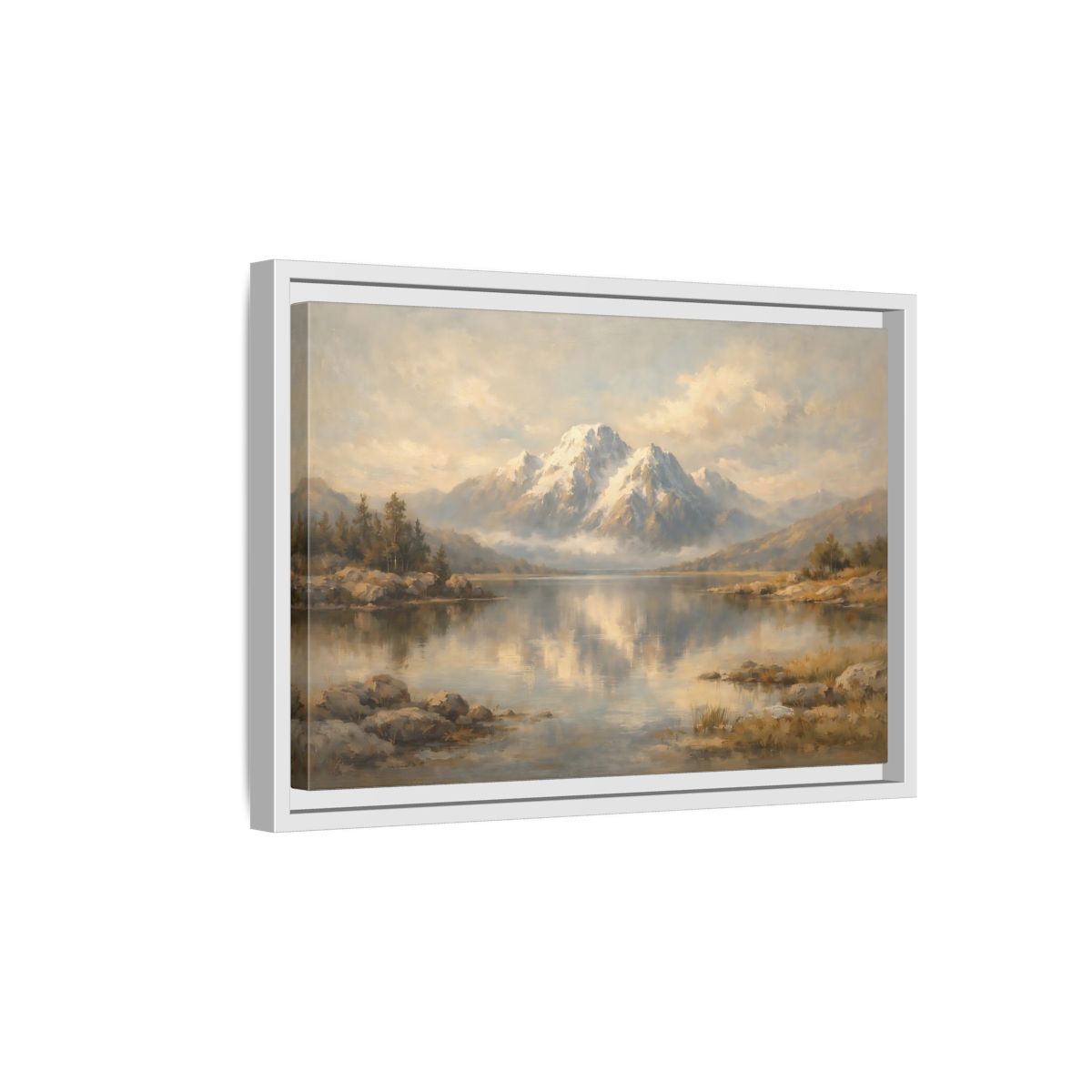 Side Mockup 4. Nature Mountain Lake Mountain Lake Painting shown as stretched canvas wall art