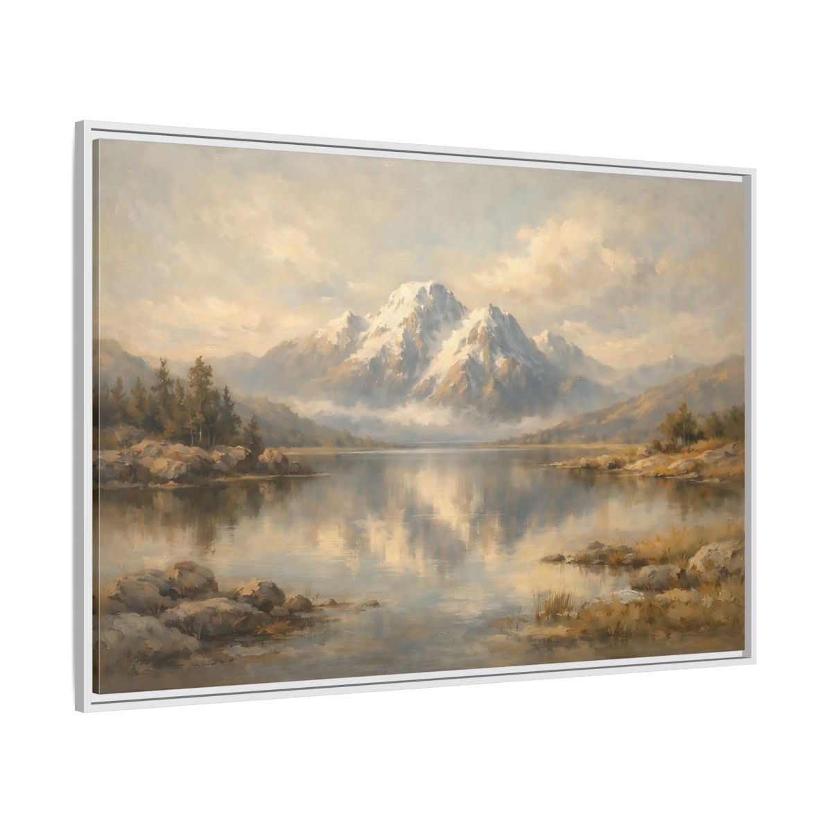 Side Mockup 7. Nature Mountain Lake Mountain Lake Painting shown as stretched canvas wall art