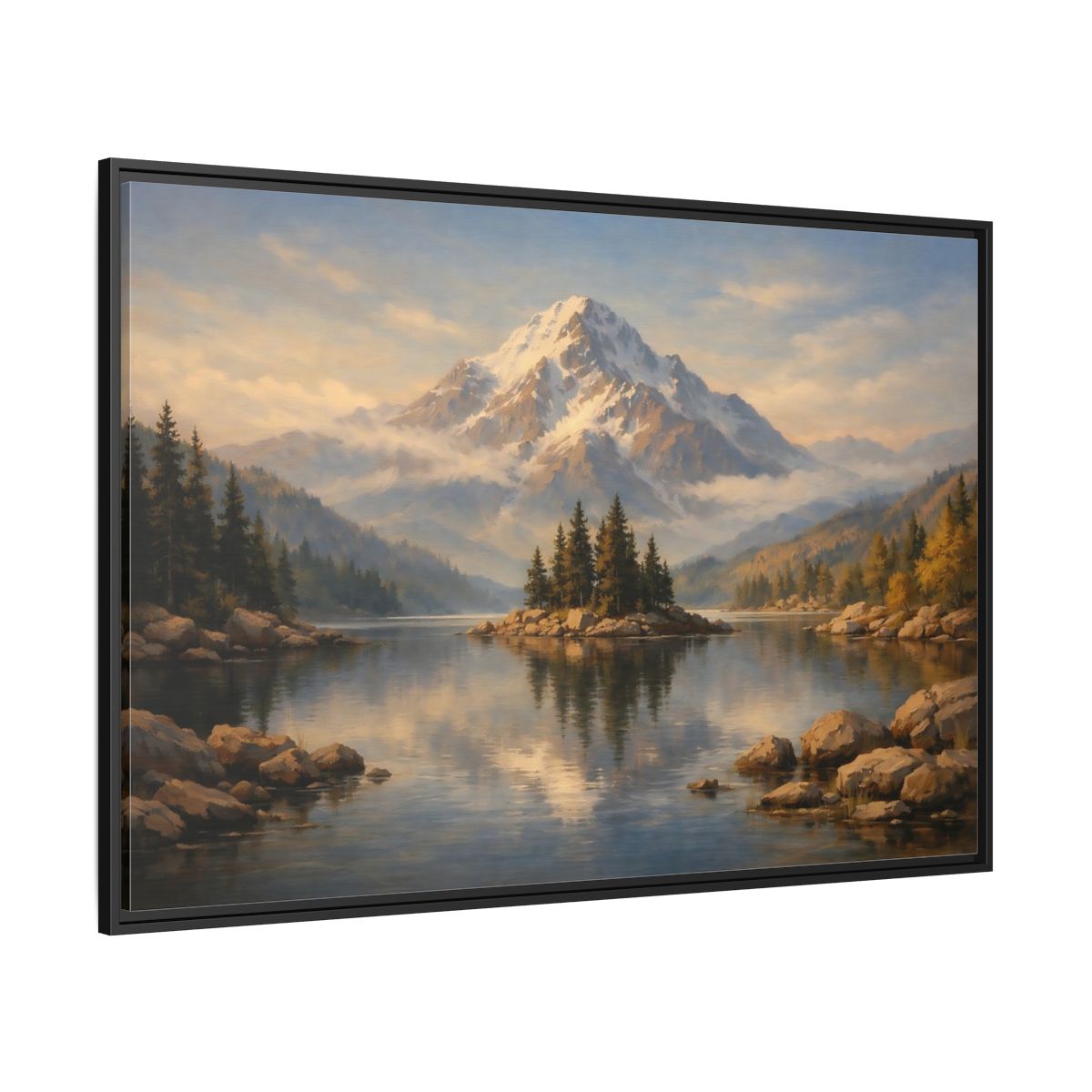 Side Mockup 12. Nature Mountain Lake Mountain Lake Painting shown as stretched canvas wall art