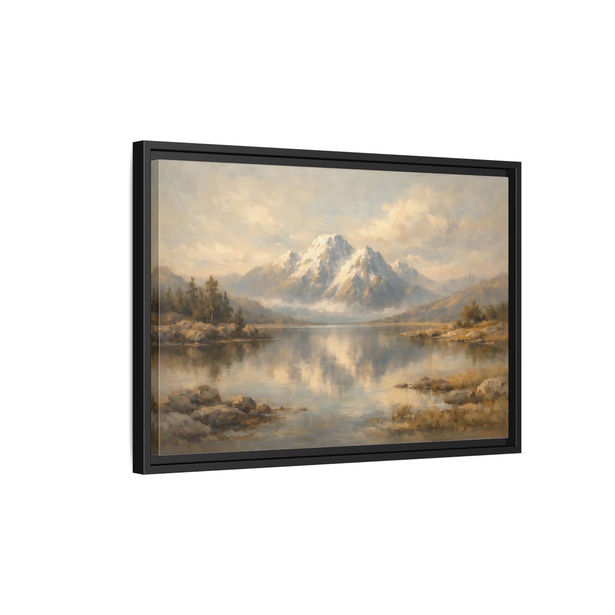 Side Mockup 3. Nature Mountain Lake Mountain Lake Painting shown as stretched canvas wall art