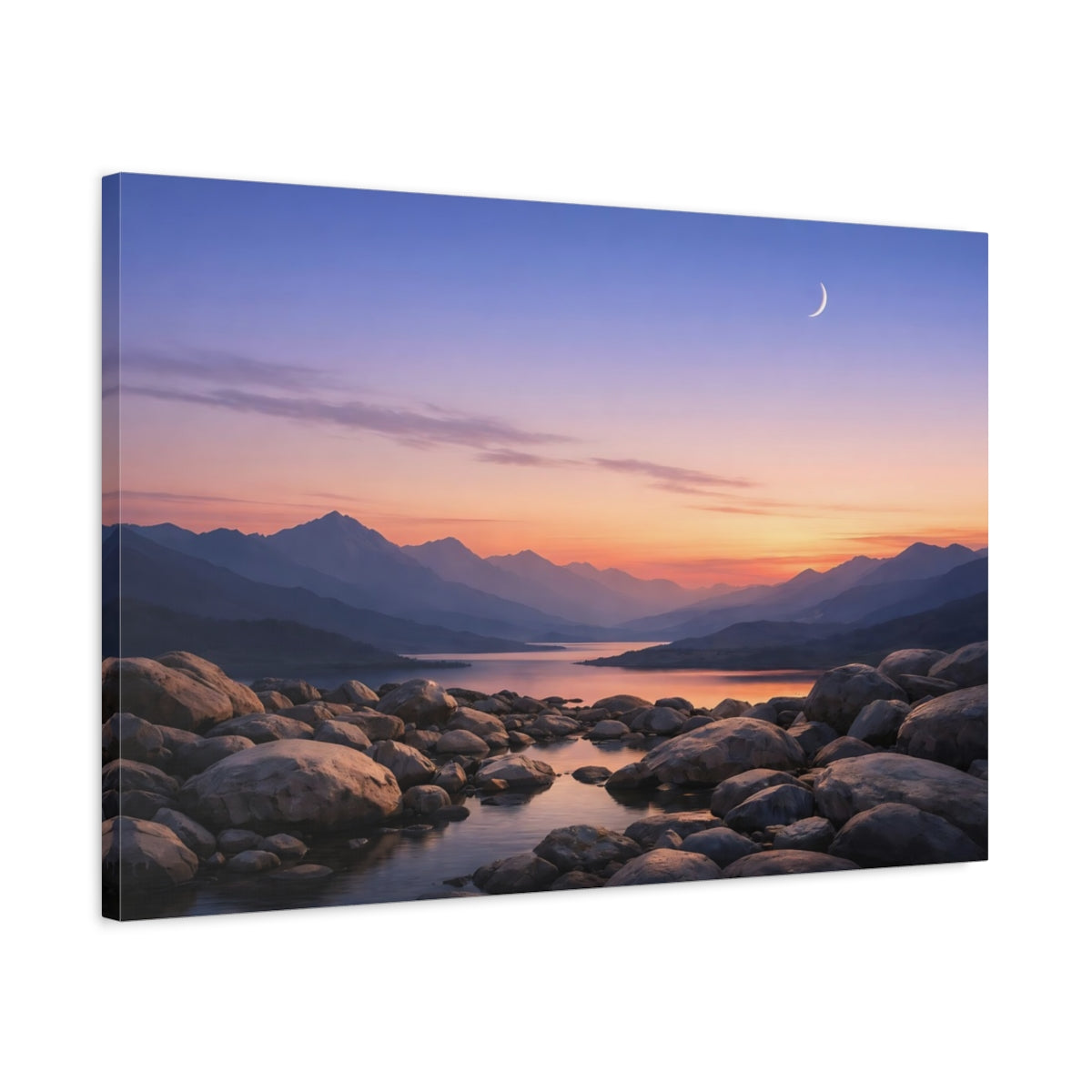 Side Mockup 2. Nature Mountain Lake Pastel Mountain Lake shown as stretched canvas wall art