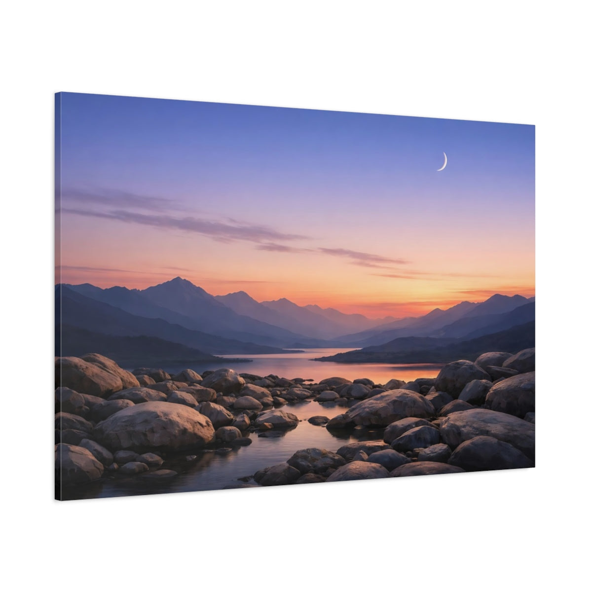 Side Mockup 1. Nature Mountain Lake Pastel Mountain Lake shown as stretched canvas wall art