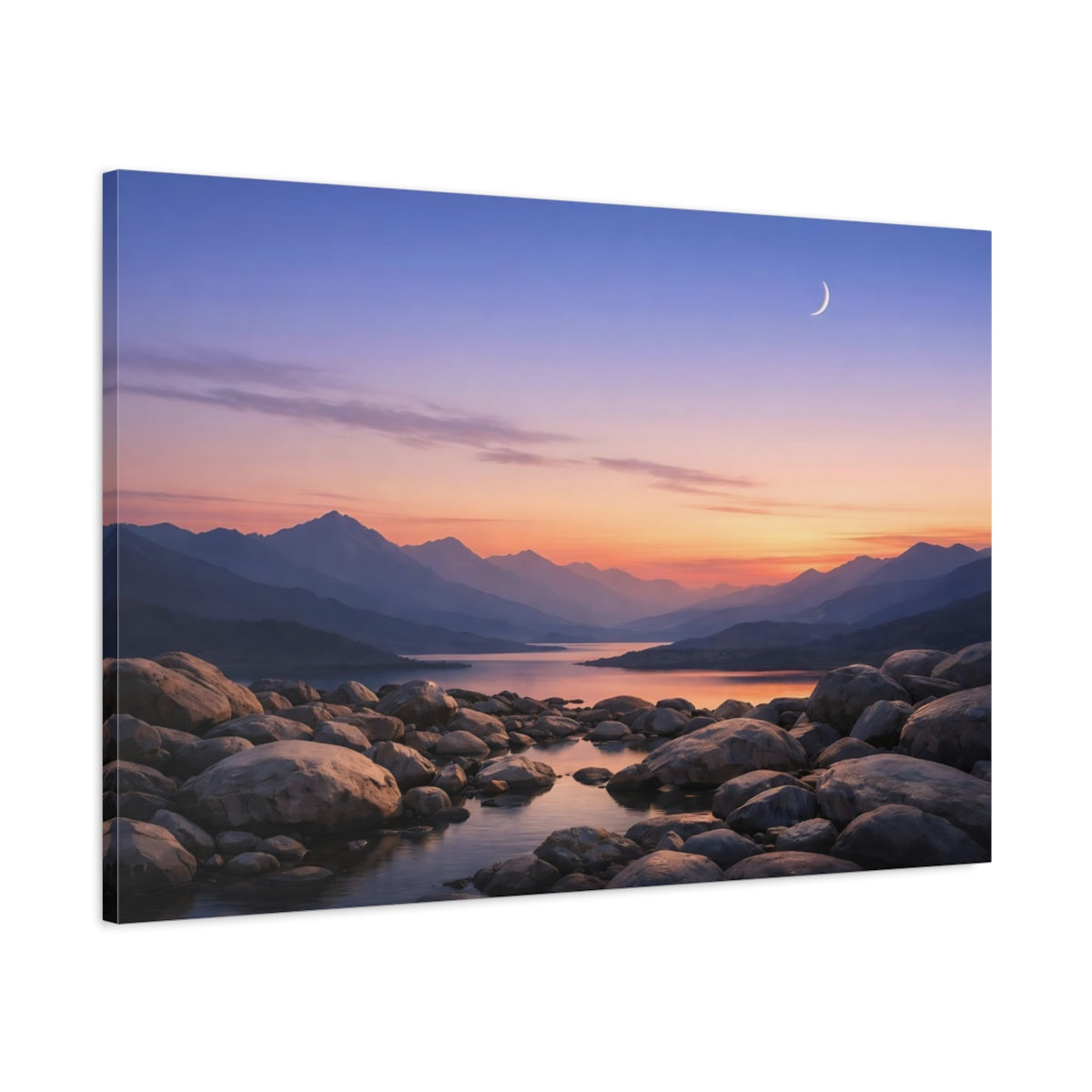 Main Mockup. Nature Mountain Lake Pastel Mountain Lake shown as stretched canvas wall art