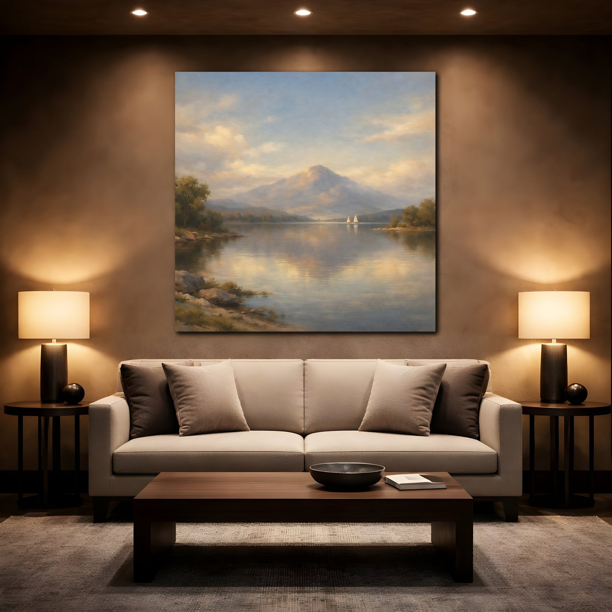Mockup 2. Nature Mountain Lake Pastel Mountain Lake shown as stretched canvas wall art